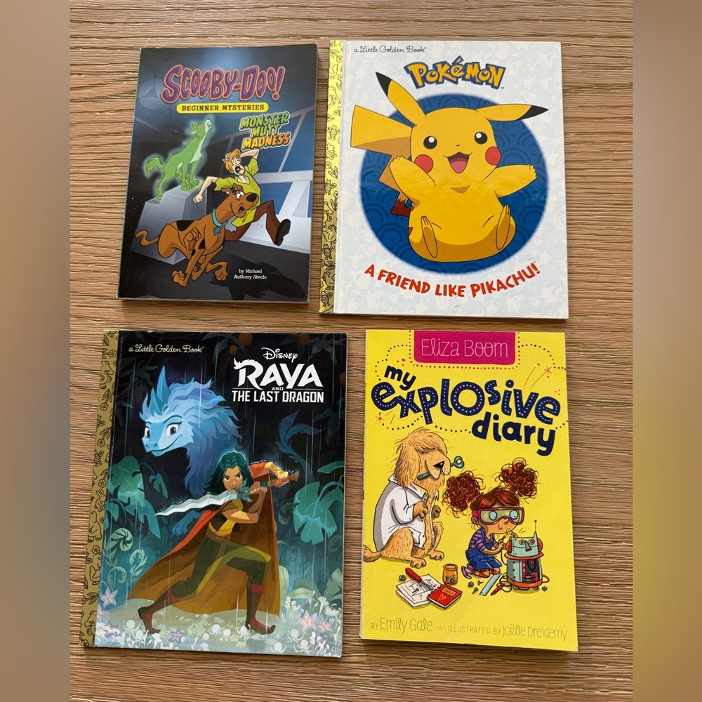 Set of 4 Children’s Books: Raya, Pokémon, Scooby Doo and Explosive Diary
